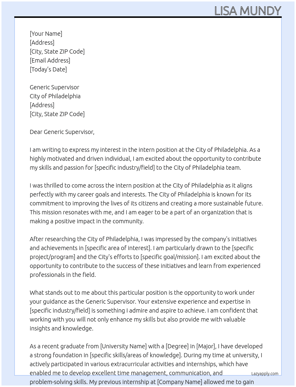 intern At City of Philadelphia Cover Letter