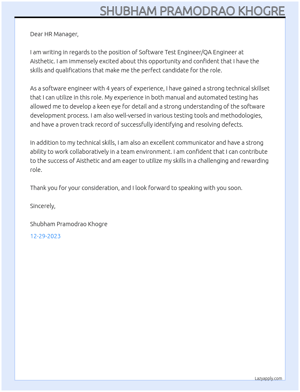 Software Test Engineer, QA Engineer At Aisthetic Cover Letter