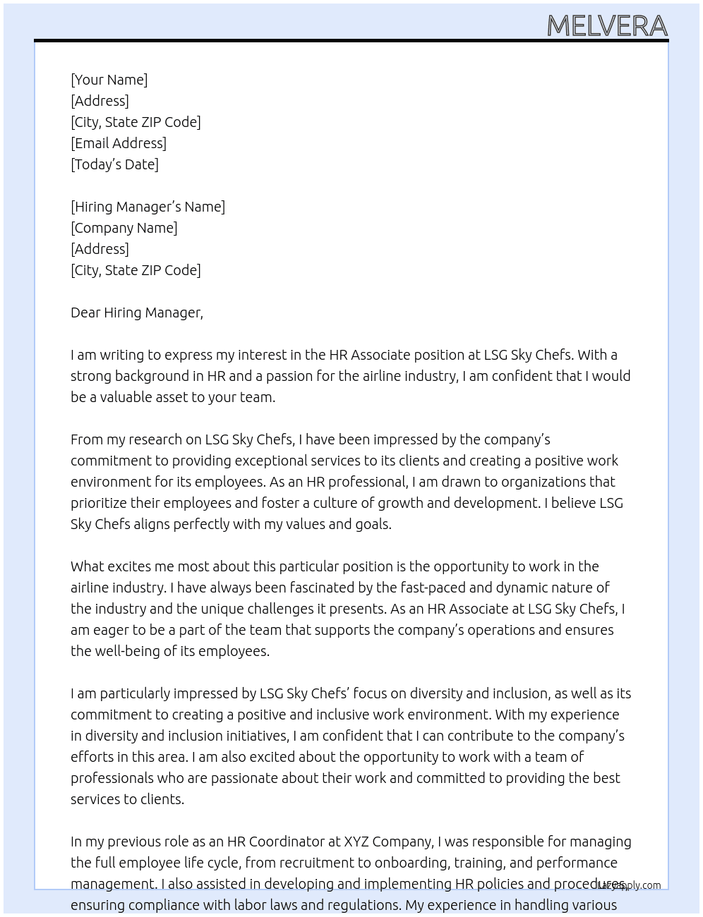 HR Associate At LSG Sky Chefs Cover Letter