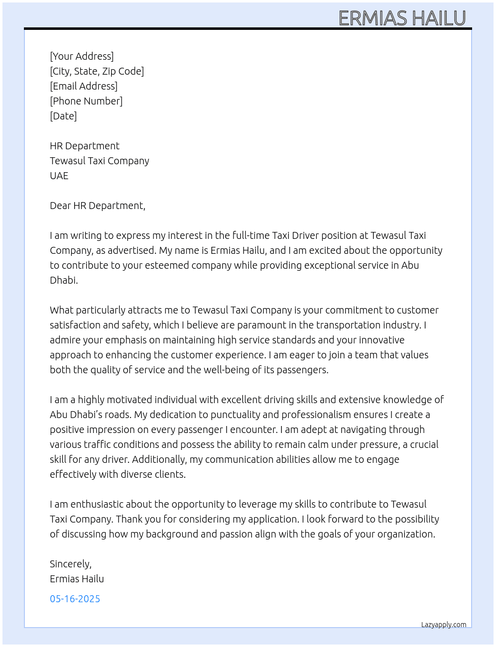 TAXI DRIVER  At TEWASUL TAXI COMPANY UAE  Cover Letter
