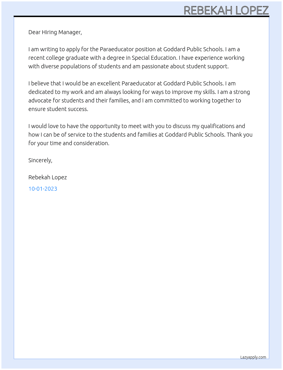 Paraeducator  At Goddard Public Schools Cover Letter