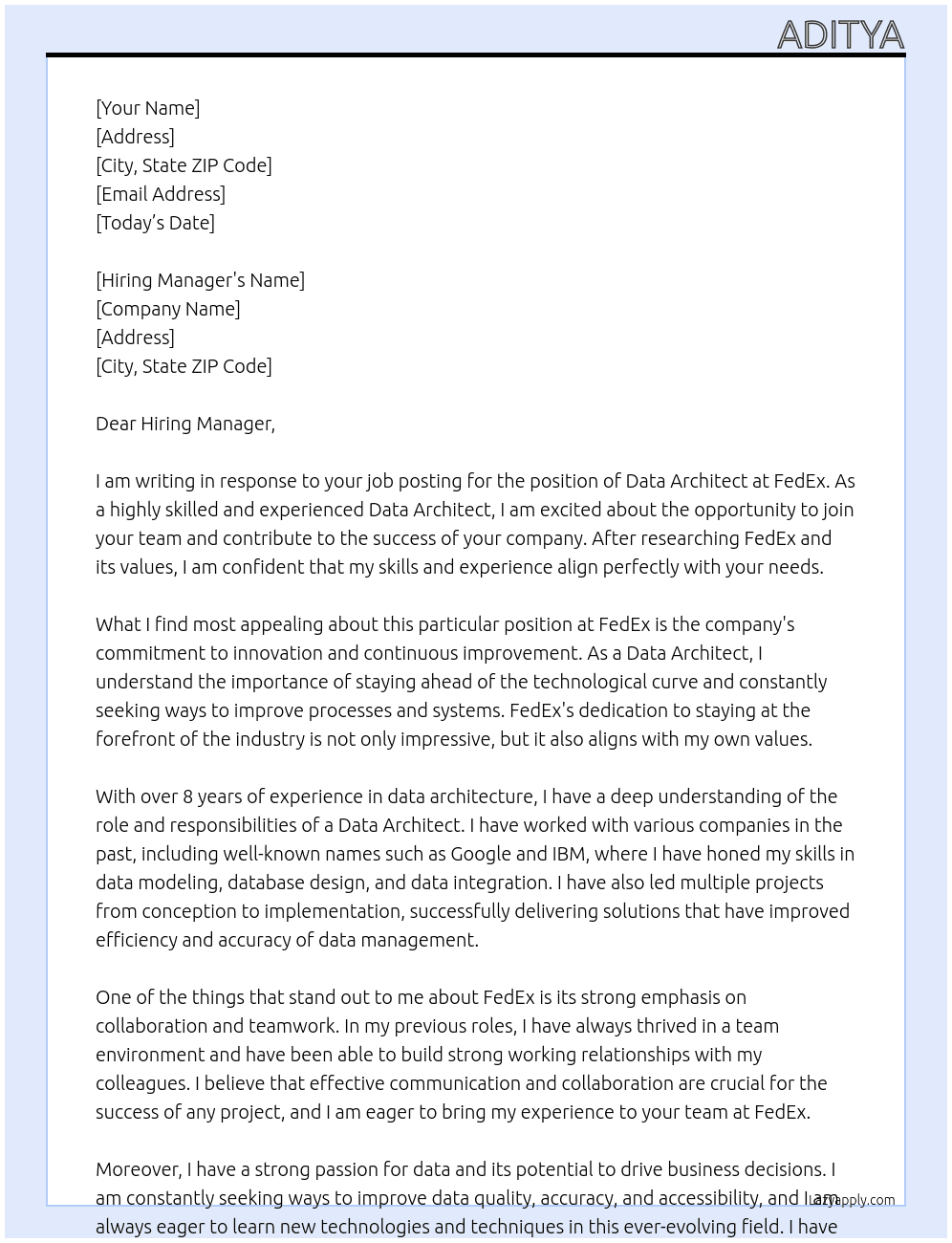 Data Architect  At FedEx Cover Letter