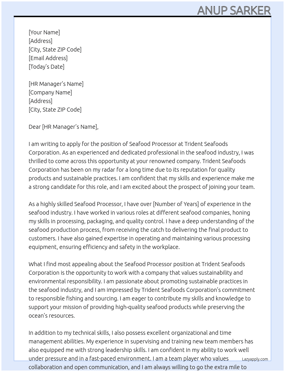 Seafood processor  At Trident Seafoods Corporation  Cover Letter