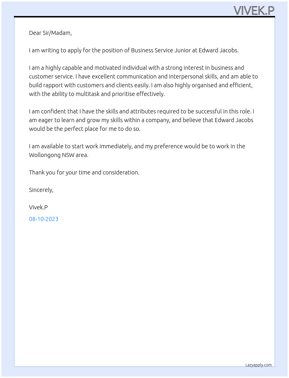 Business service junior  At Edward jacobs Cover Letter