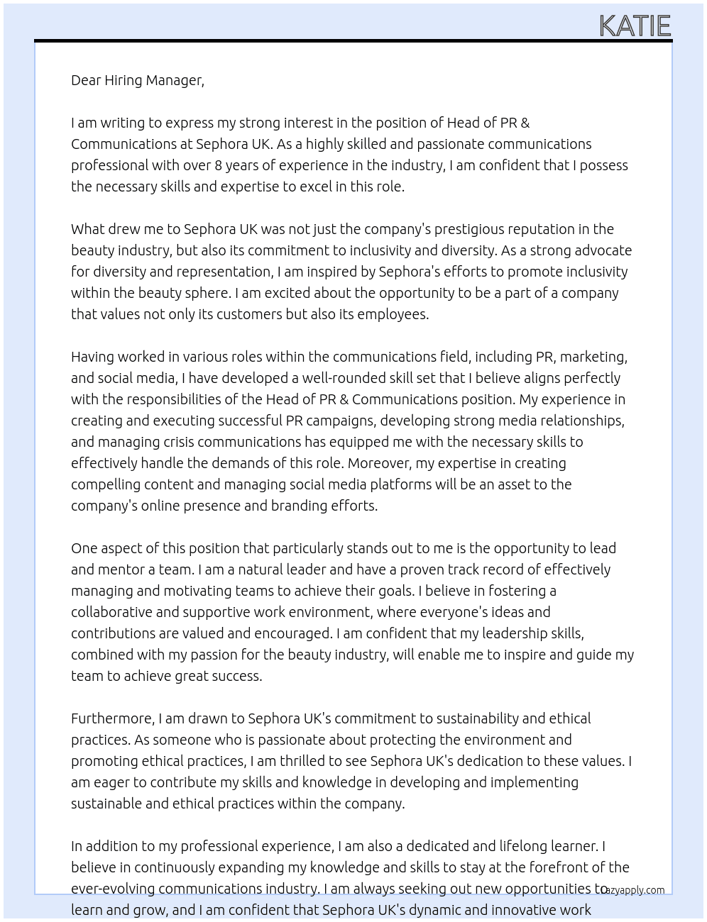 Head of PR & Communications At Sephora UK Cover Letter