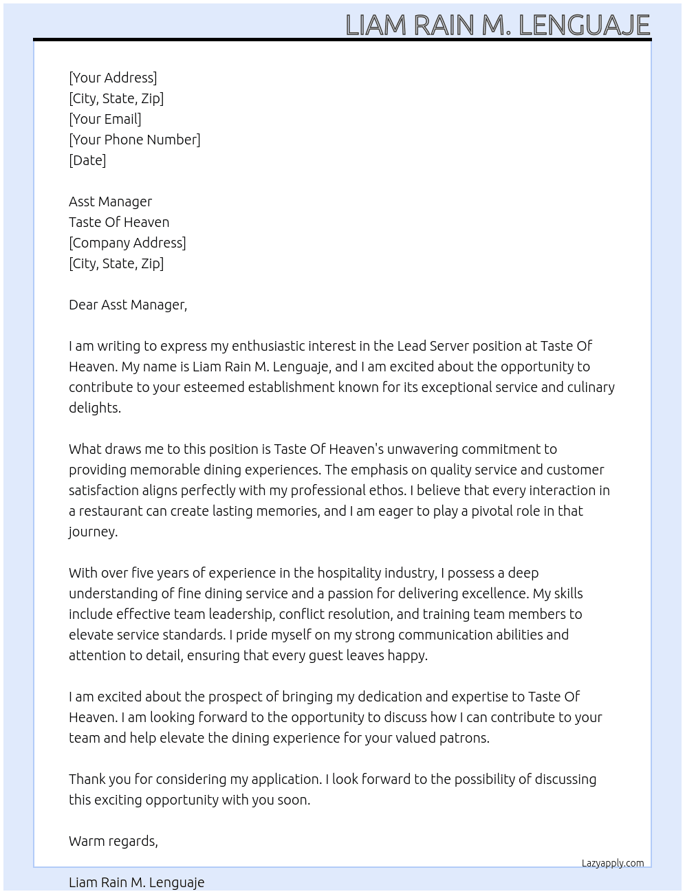 Cover letter for lead server - LazyApply
