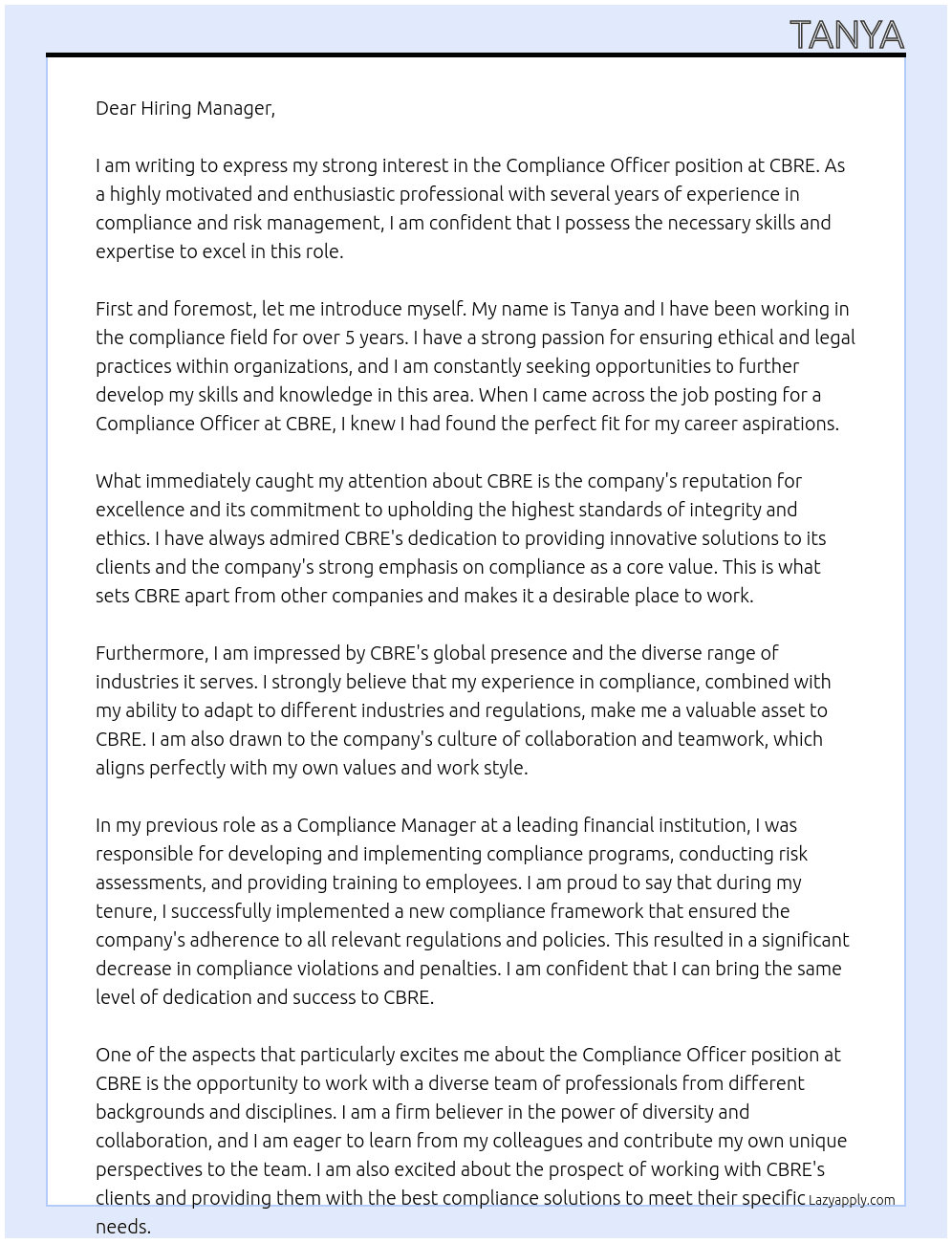 Compliance Officer At CBRE  Cover Letter