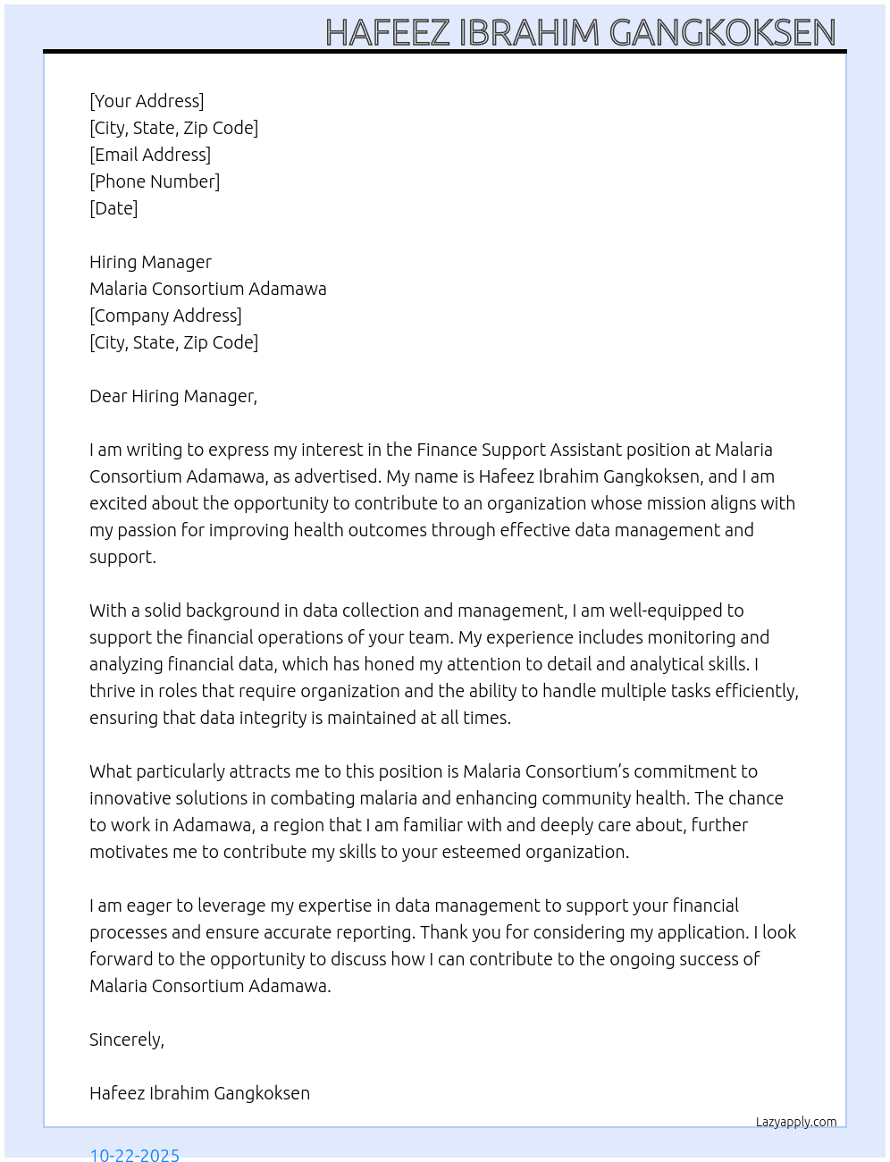 Finance support assistant  At Malaria consortium Adamawa  Cover Letter