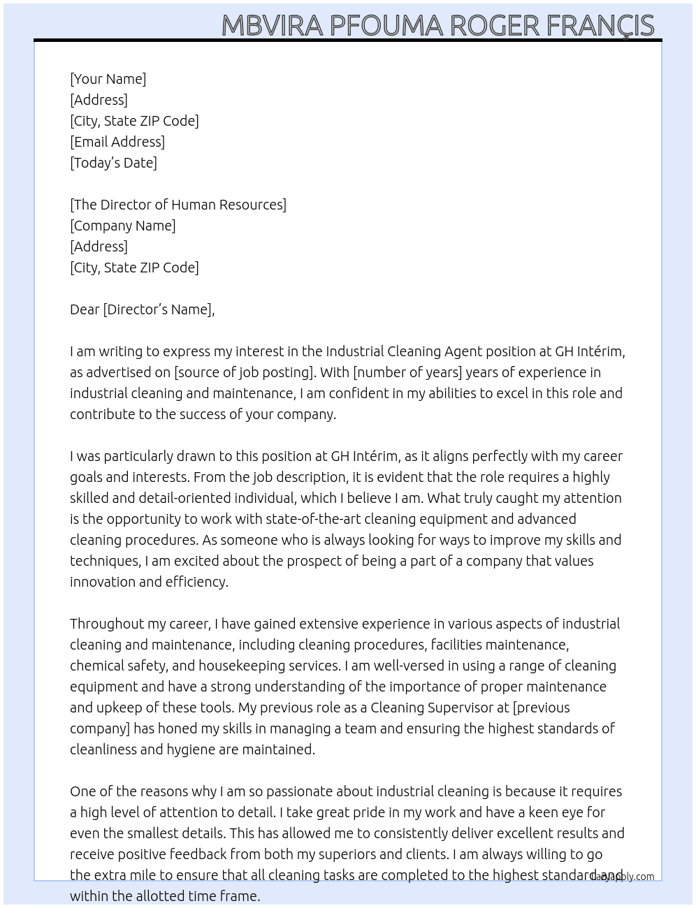 Industrial Cleaning Agent  At GH Intérim  Cover Letter