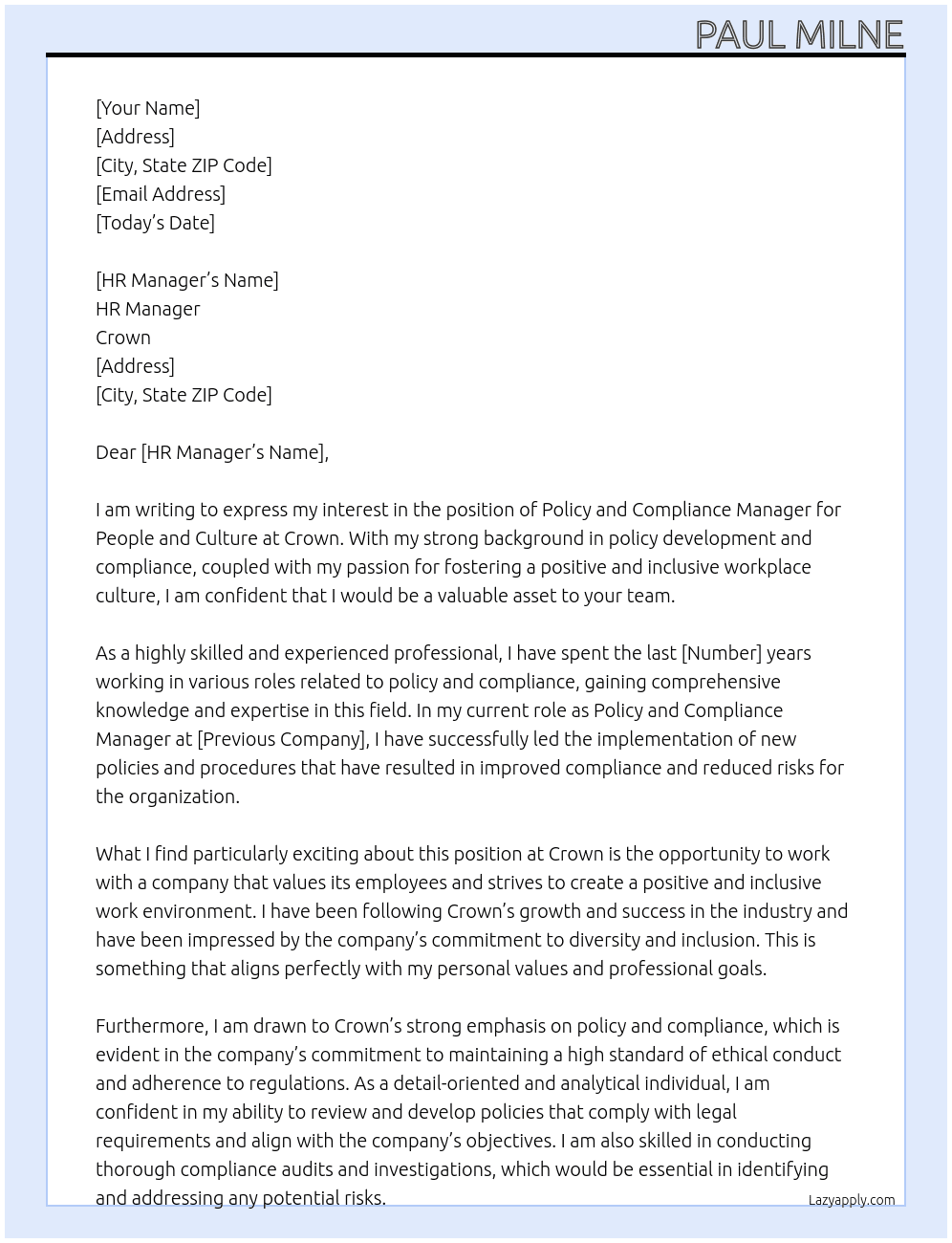 policy and compliance manager people and culture At crown Cover Letter