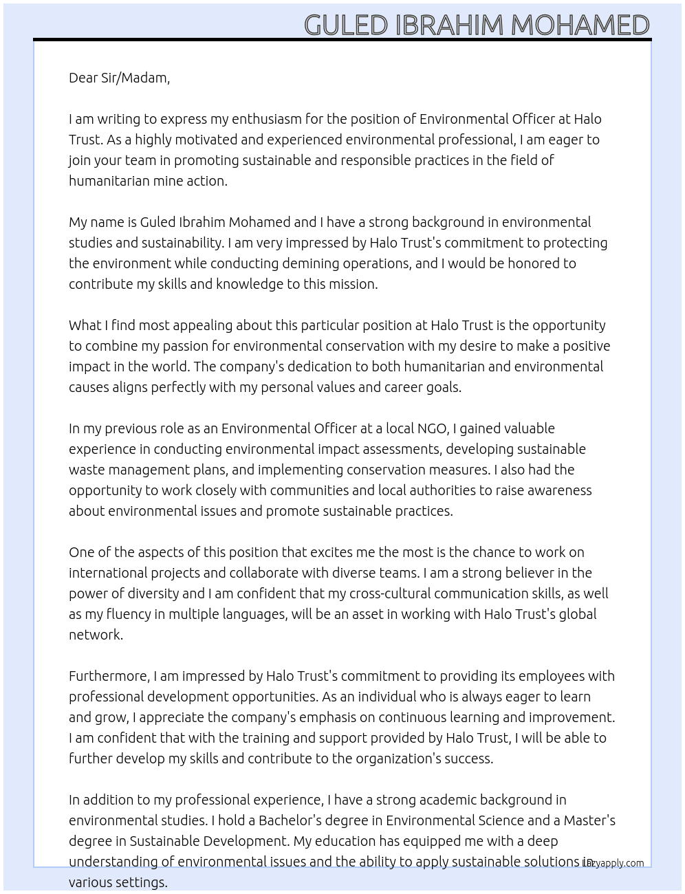 Environmental officer  At Halo Trust Cover Letter
