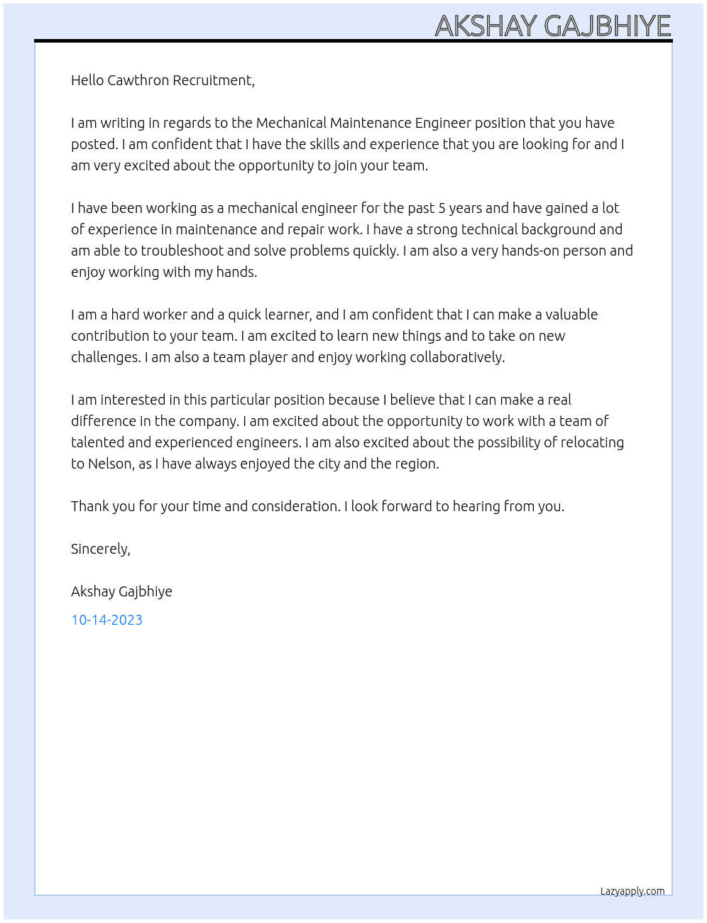 Mechanical Maintenance Engineer At Cawthron Cover Letter
