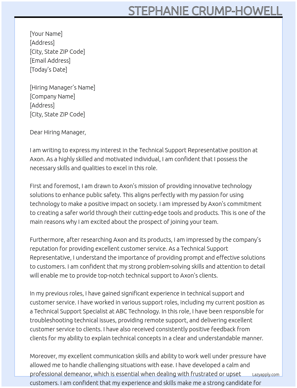 Technical support representative  At Axon  Cover Letter