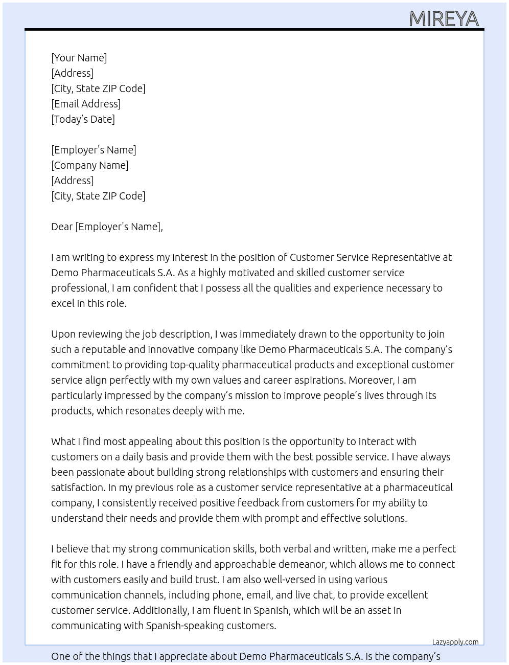 Customer service representative  At Demo pharmaceuticals S.A Cover Letter