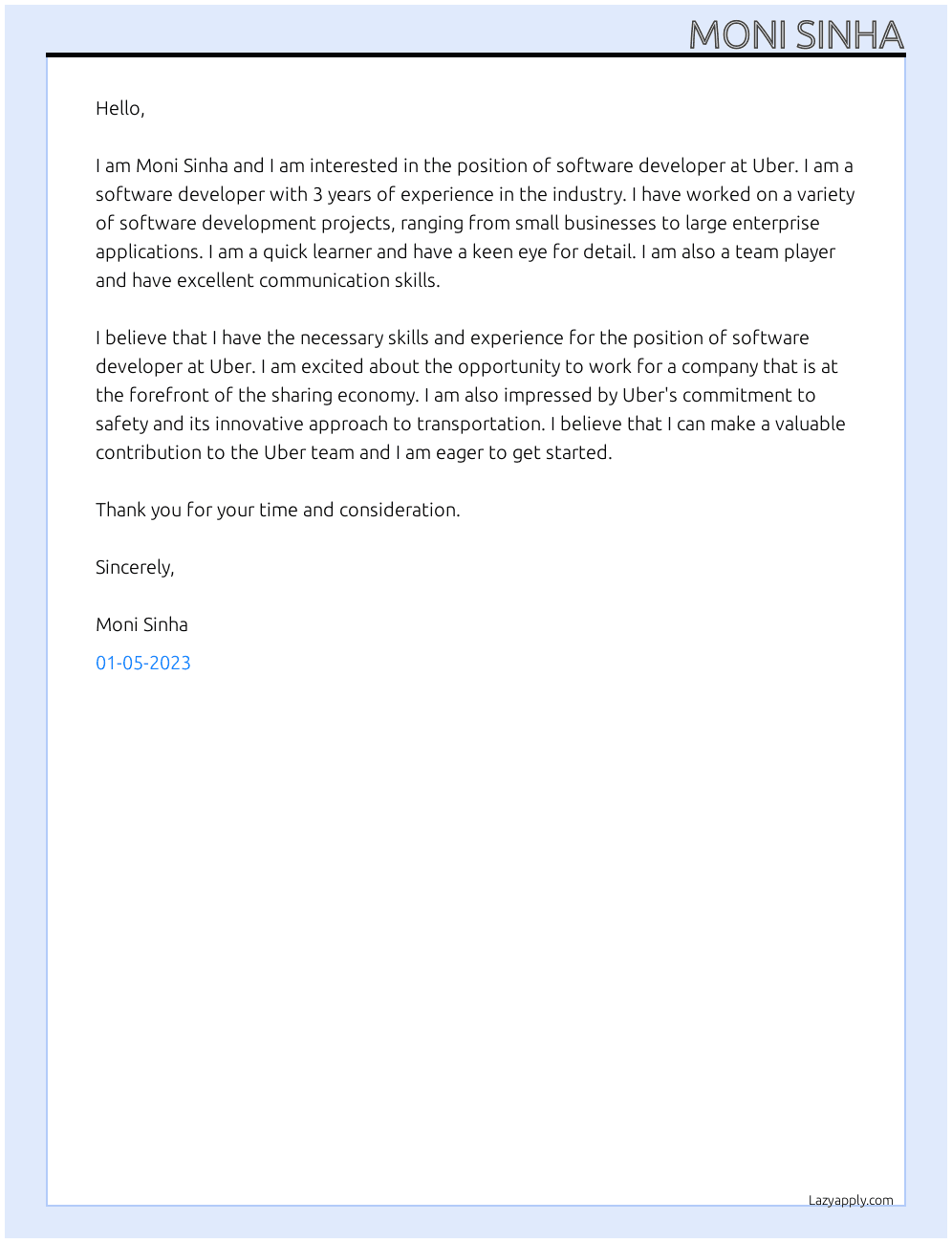 software developer At uber Cover Letter