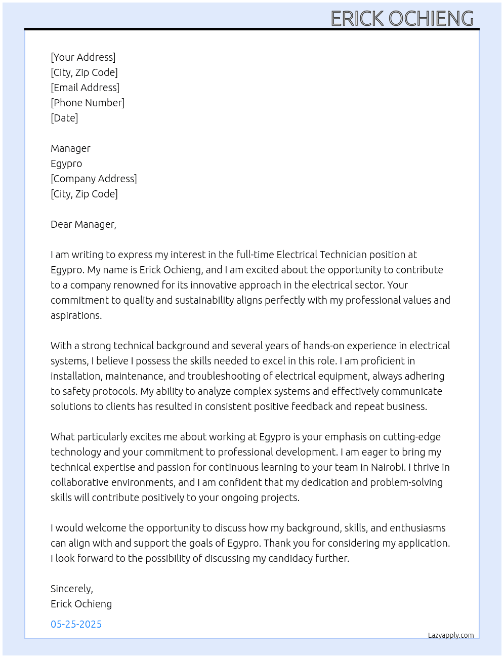 Electrical technician  At Egypro  Cover Letter