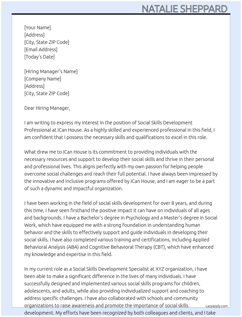 Social skills Development Professional At ICan House  Cover Letter