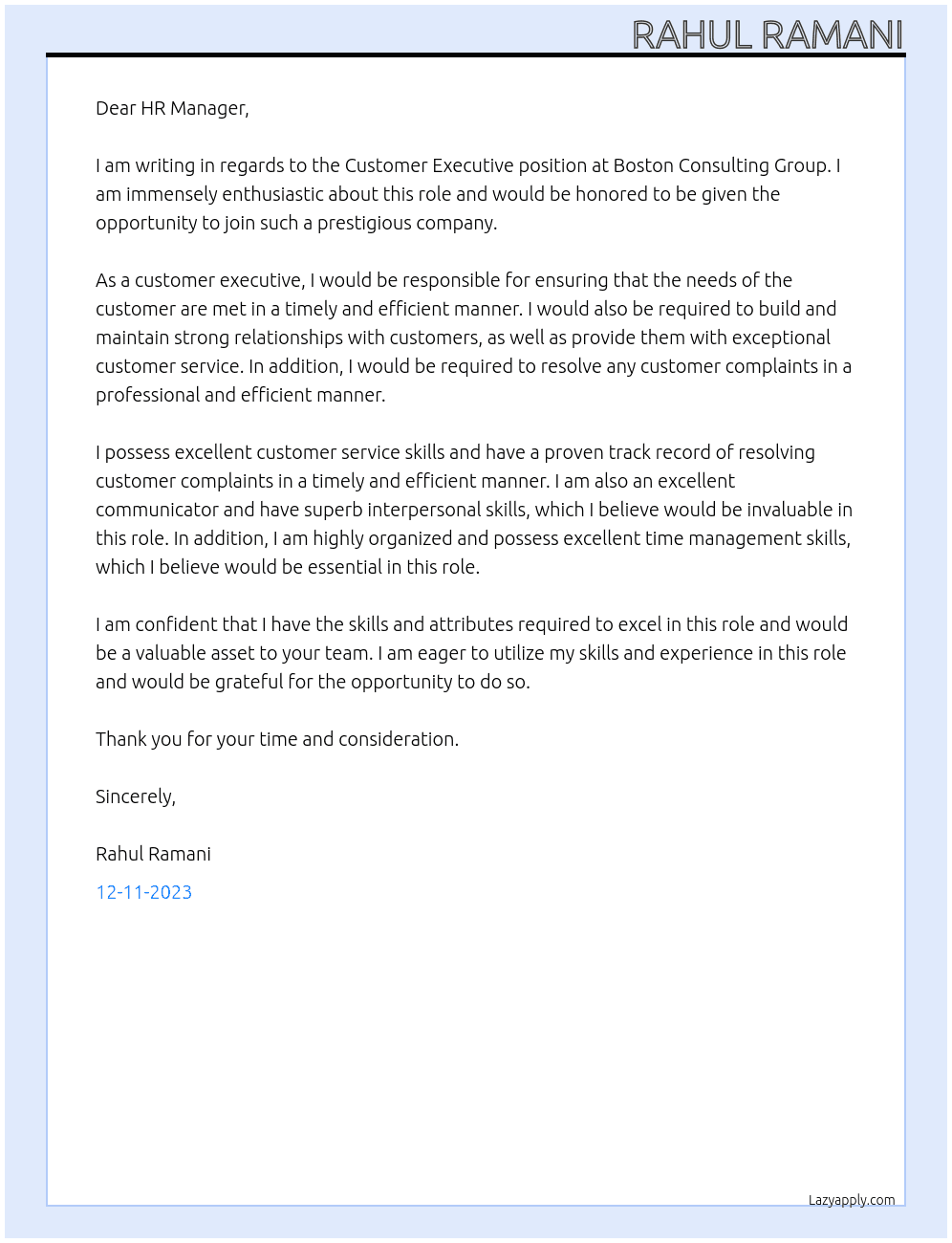 Customer executive At Boston Consulting Group Cover Letter