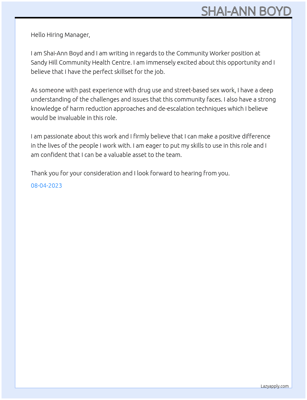 Community Worker  At Sandy Hill Community Health Centre  Cover Letter