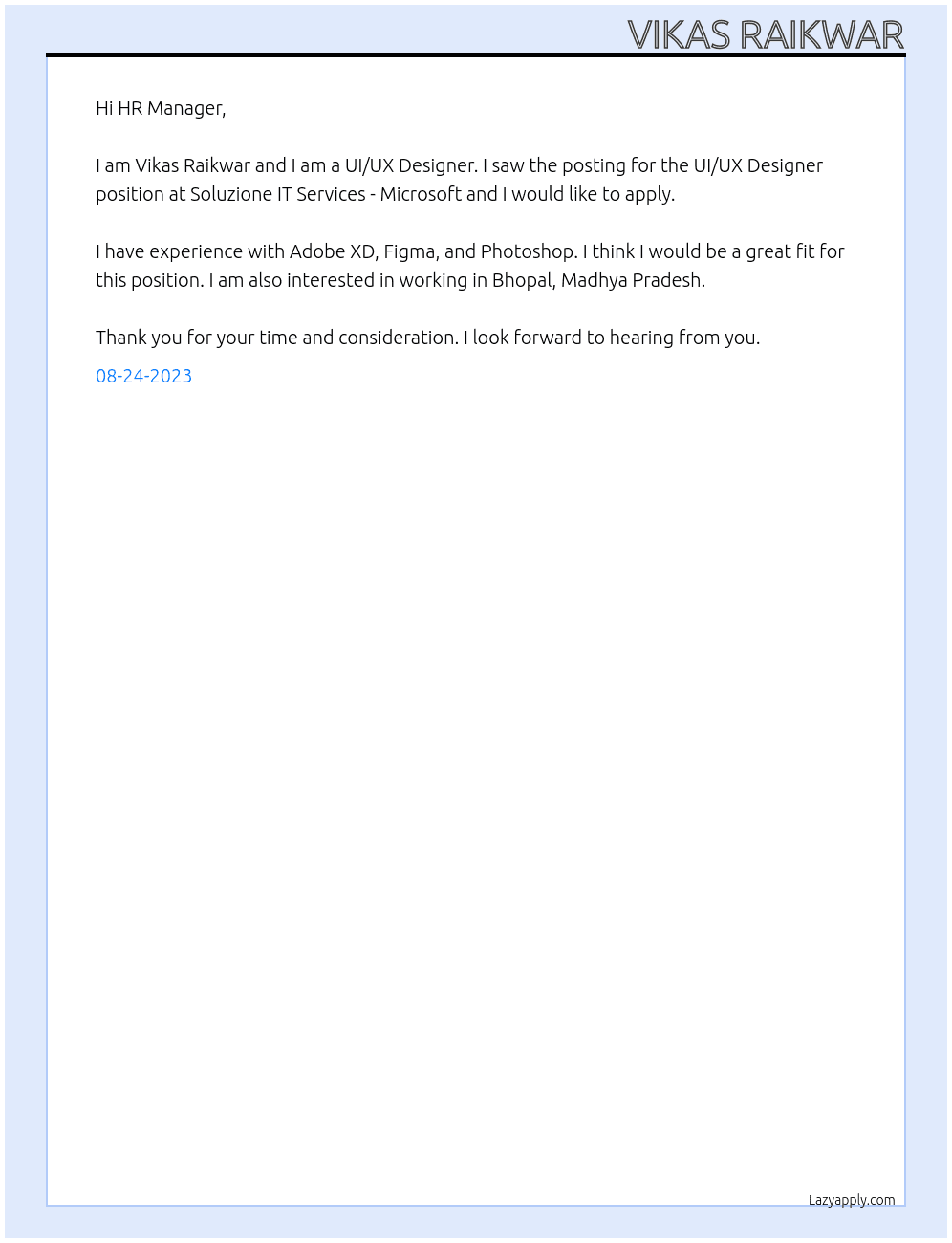 UI/UX Designer At Soluzione IT Services - Microsoft  Cover Letter