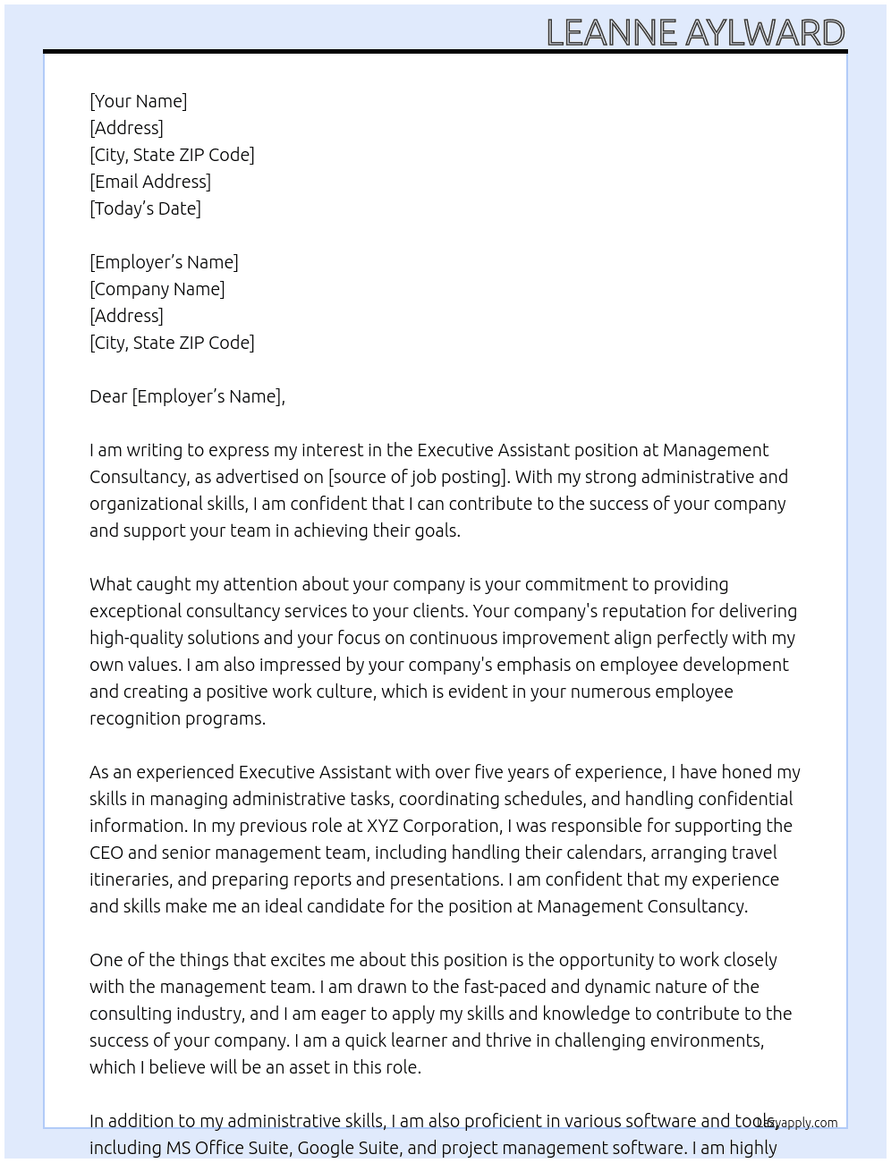 executive assistant At Management Consultancy Cover Letter
