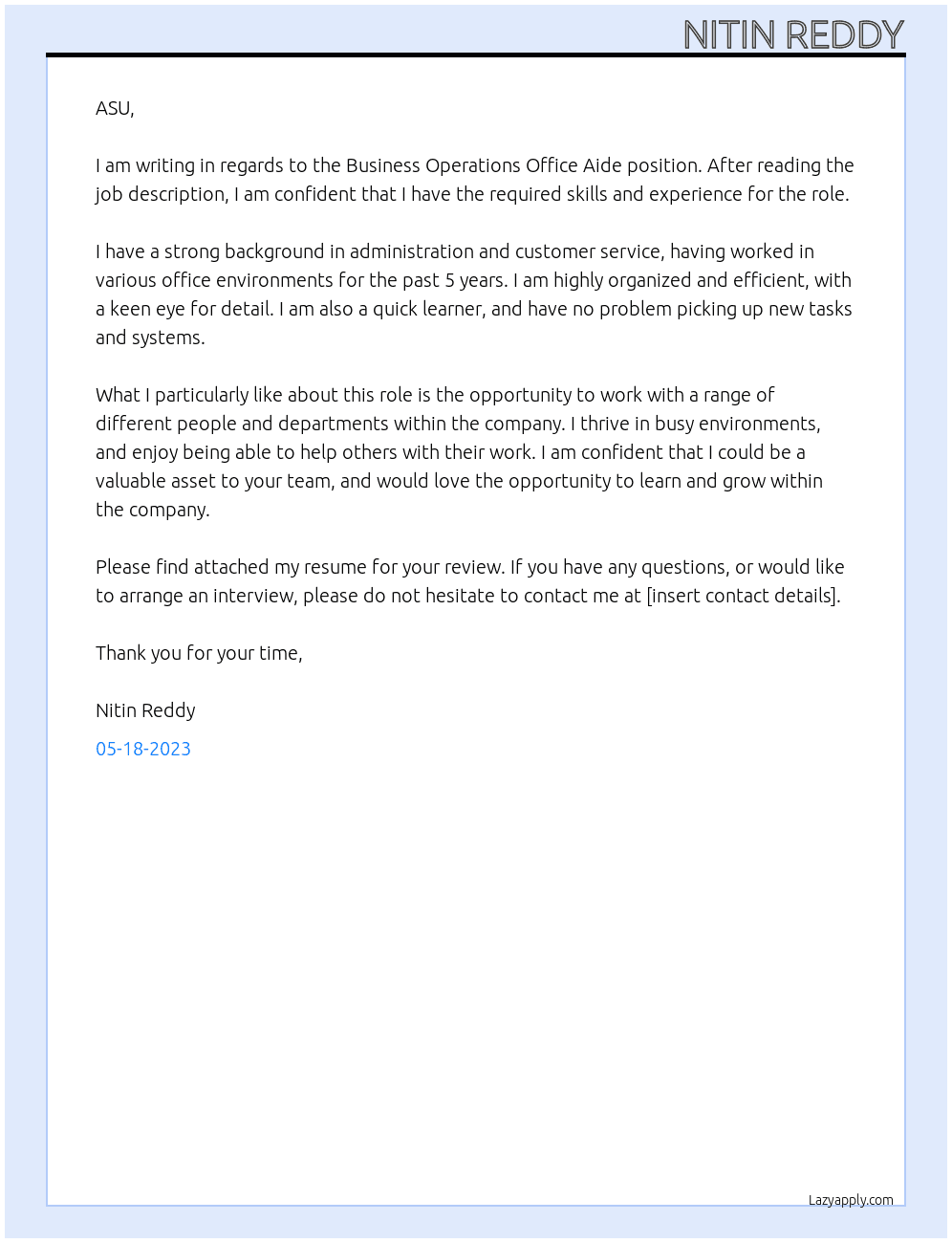Business Operations Office Aides At ASU Cover Letter