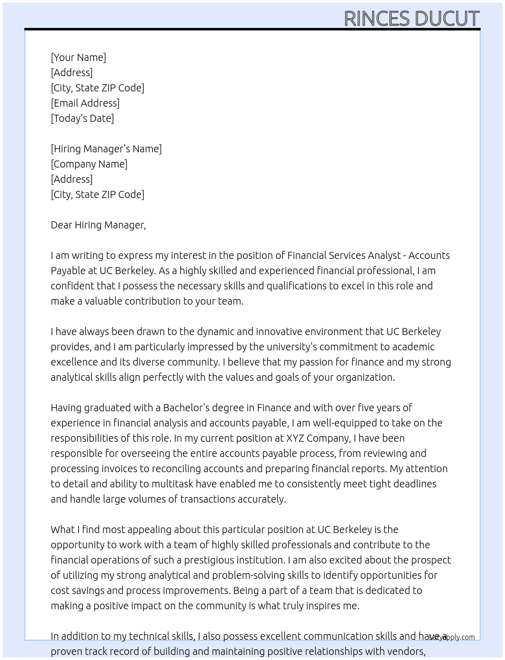 Financial Services Analyst - Accounts Payable At UC Berkeley Cover Letter