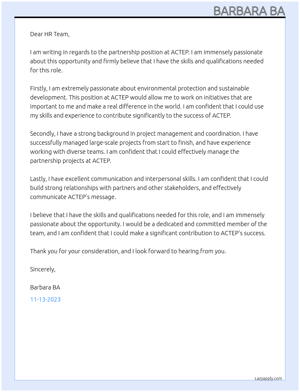 partnership At ACTEP Cover Letter