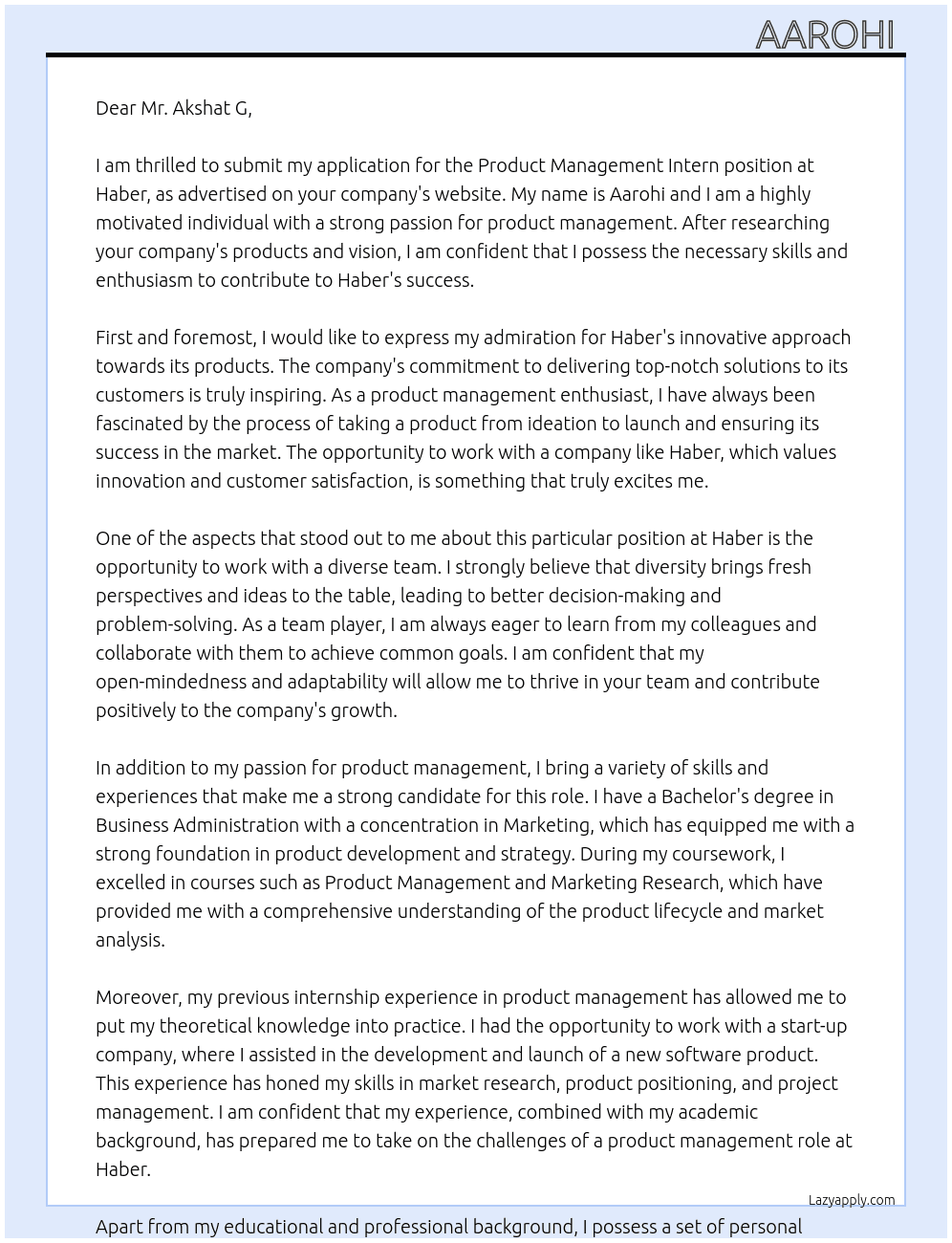 Product Management Intern At Haber Cover Letter