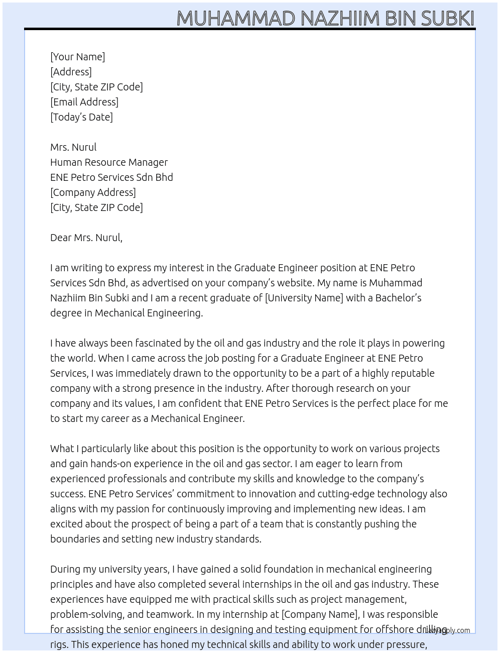 Graduate Engineer At ENE Petro Services Sdn Bhd Cover Letter