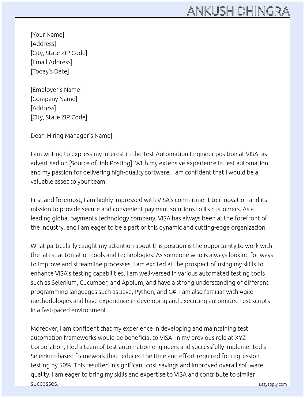 Test Automation Engineer At VISA Cover Letter