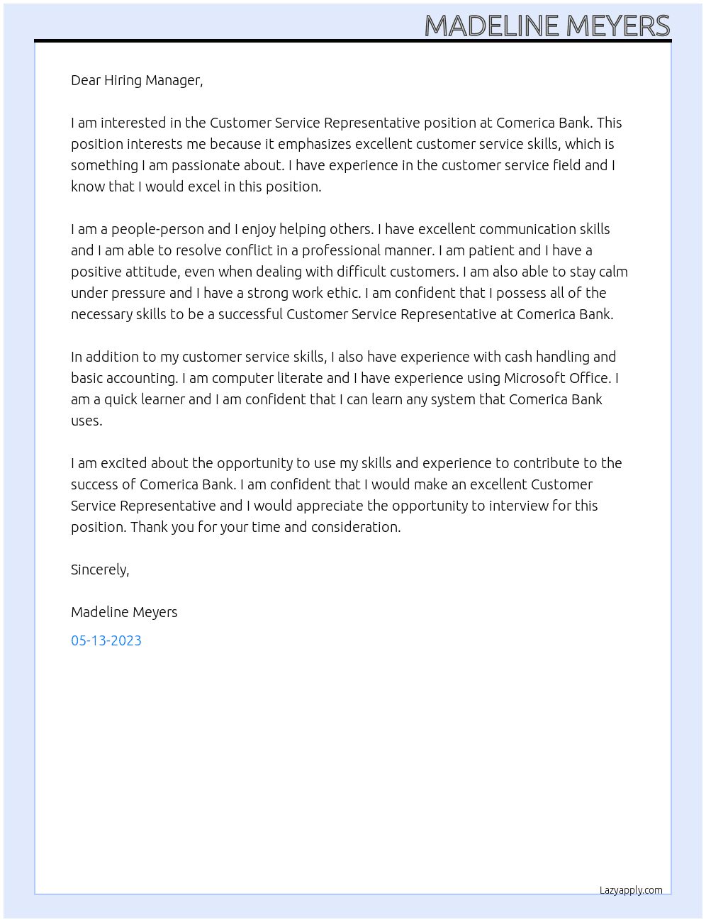Customer Service Representative At Comerica Bank Cover Letter