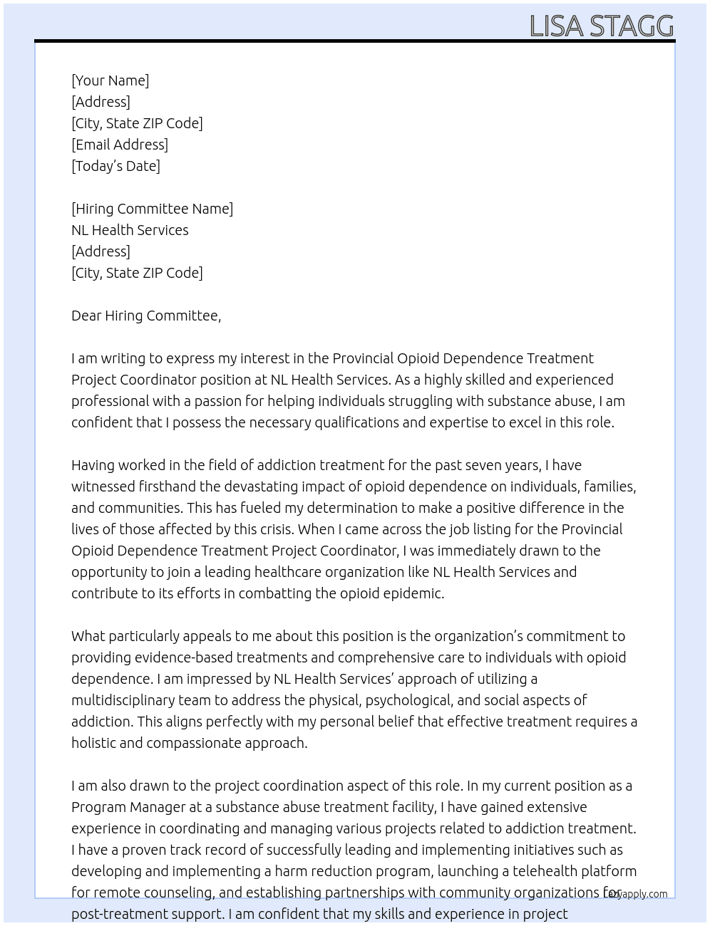 Provincial Opiod Dependence Treatment Project Coordinator At NL Health Services Cover Letter
