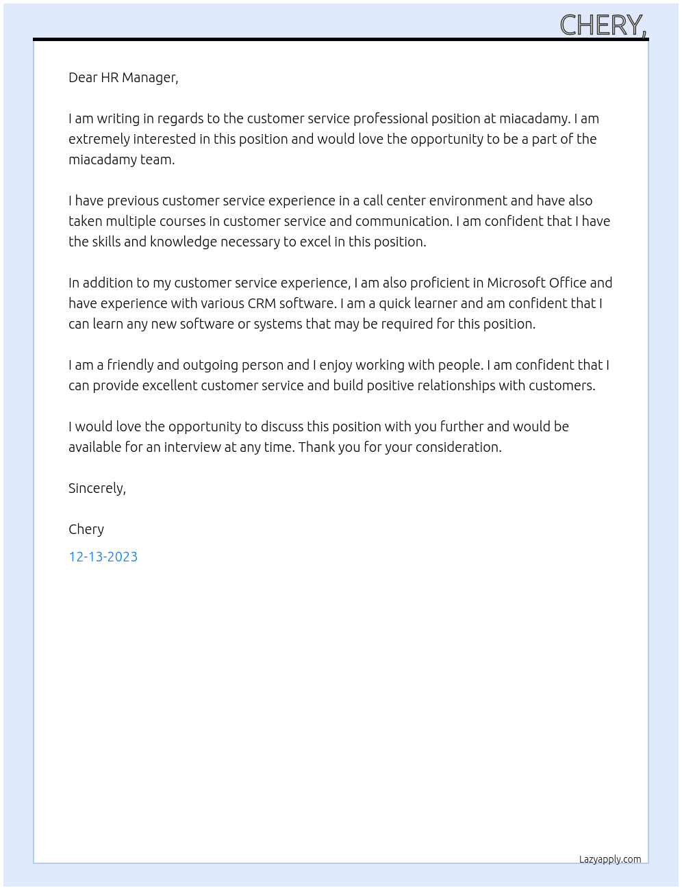 customer service professional At miacadamy Cover Letter