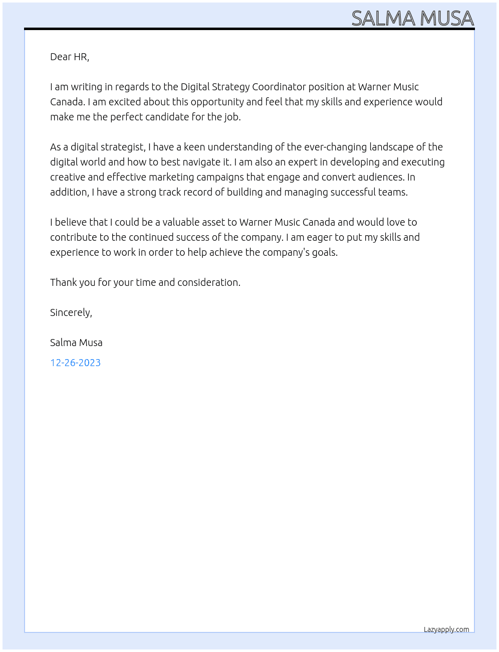Digital Strategy Coordinator At Warner Music Canada Cover Letter