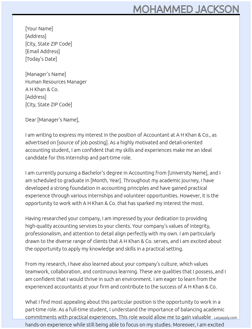 accountant At A H Khan & Co. Cover Letter