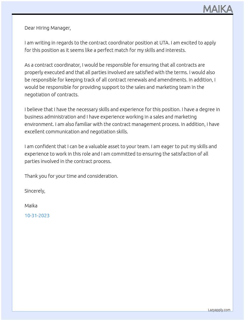 contract coordinator At UTA Cover Letter