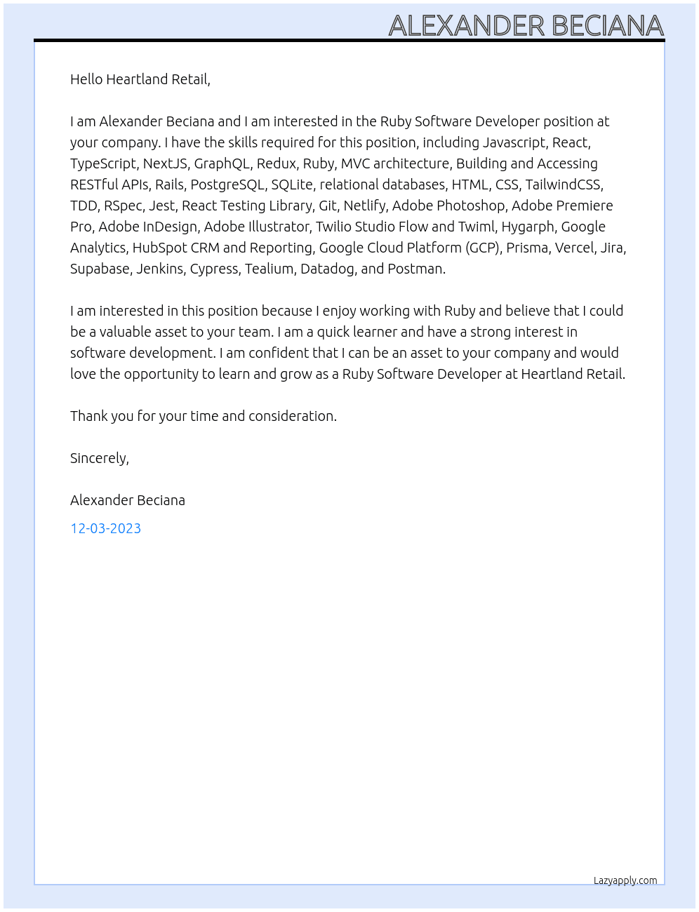 Ruby Software Developer At Heartland Retail Cover Letter
