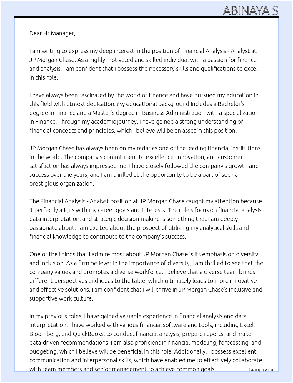 Financial Analysis - Analyst At JP Morgan Chase Cover Letter