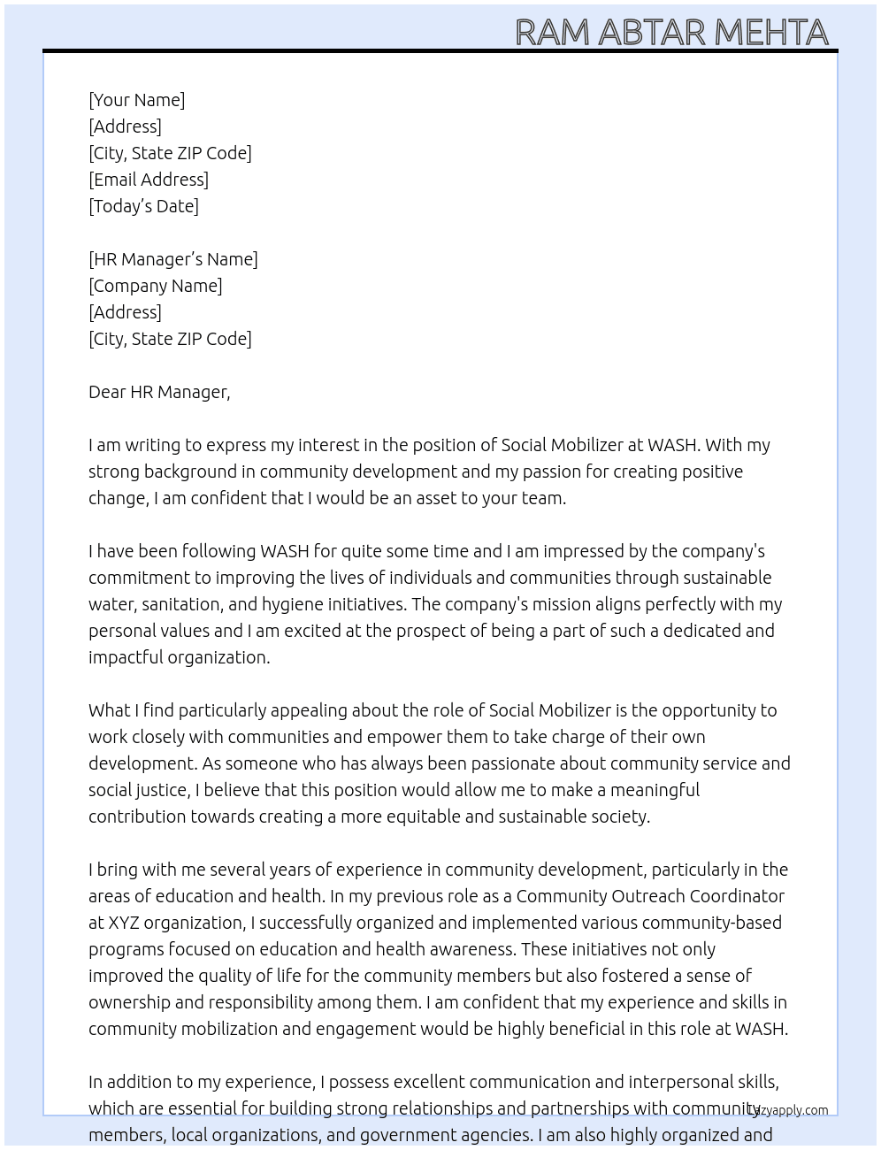 Social mobilizer  At WASH Cover Letter