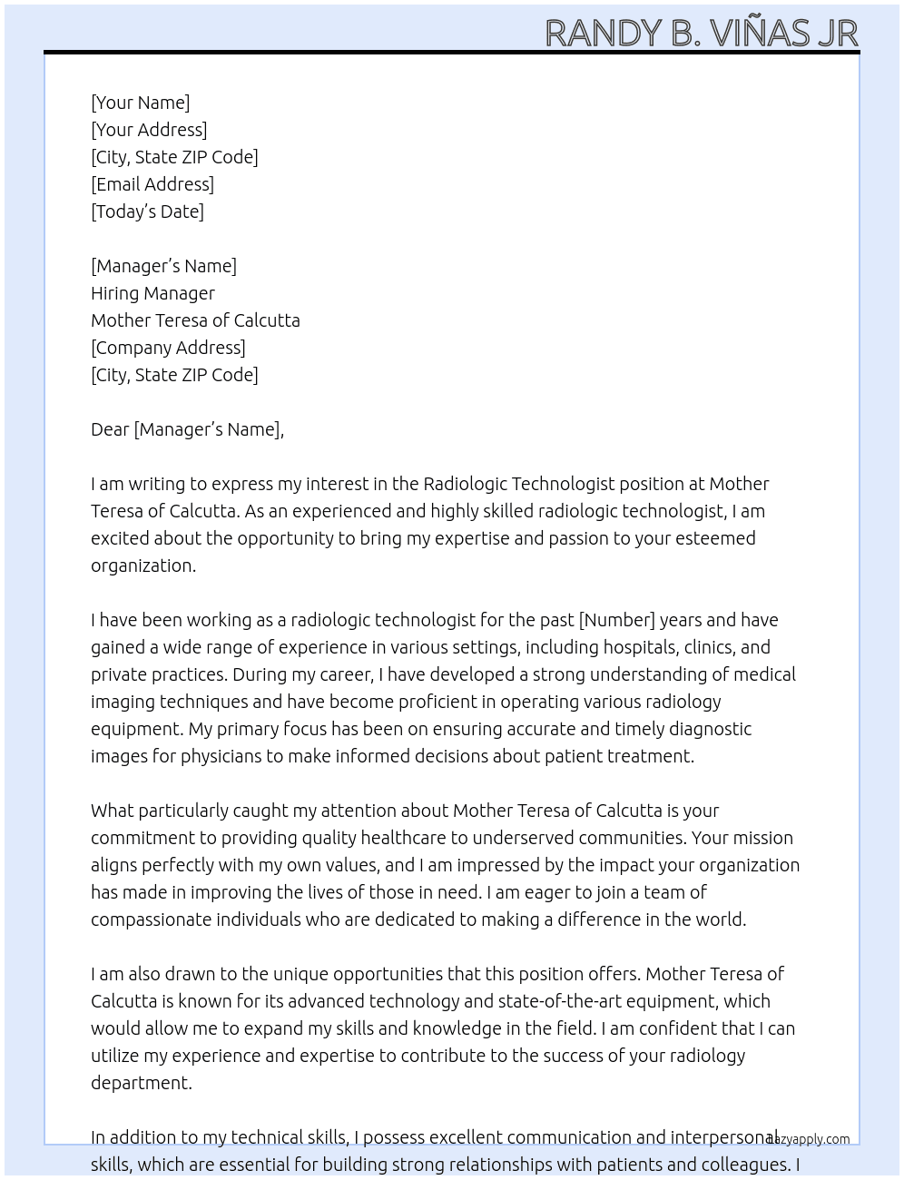 Radiologic Technologist At Mother Teresa of Calcutta Cover Letter