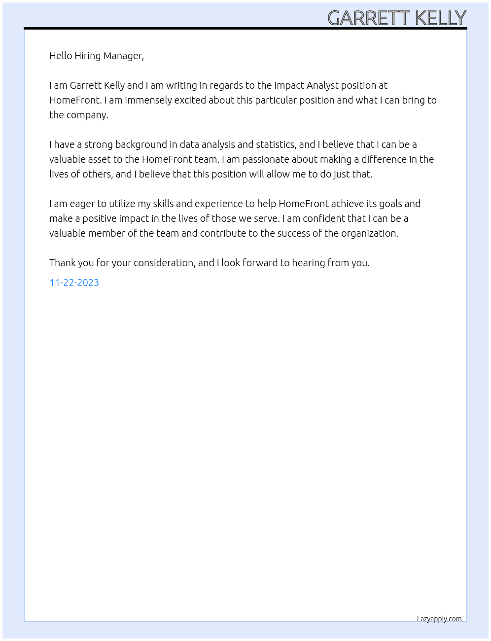 Impact Analyst At HomeFront Cover Letter