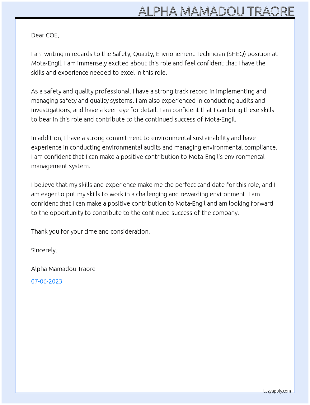 Safety, Quality, Environement Technician (SHEQ)  At Mota-Engil Cover Letter