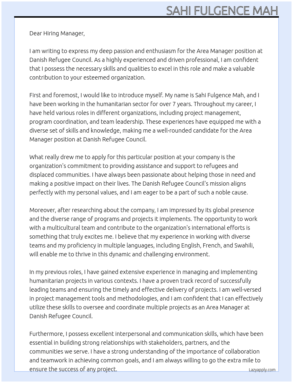 Area Manager At Danish Refugee Council Cover Letter