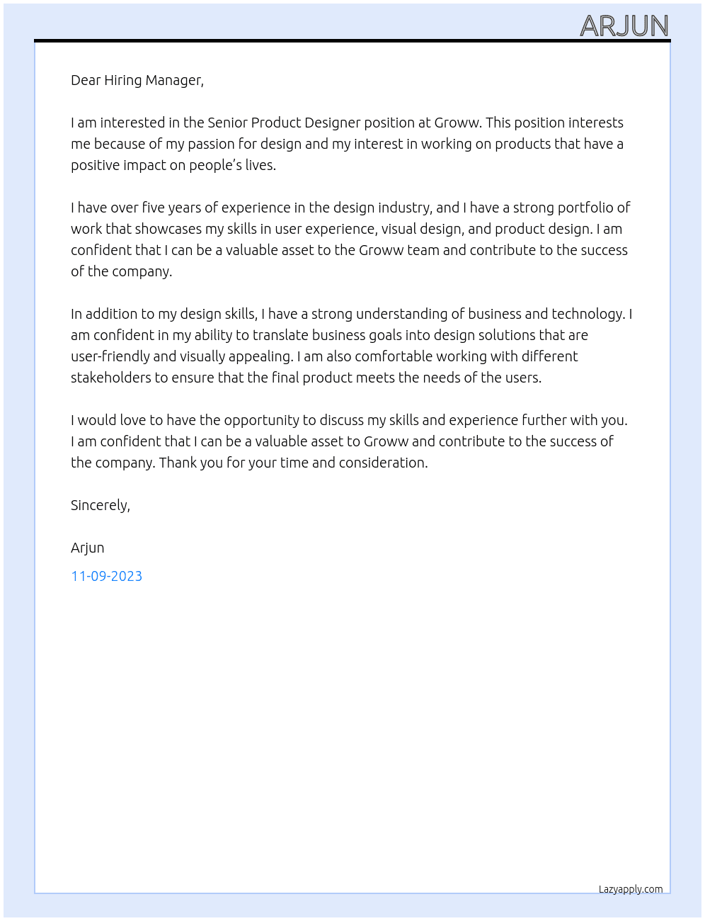 Sr Product Designer At Groww Cover Letter