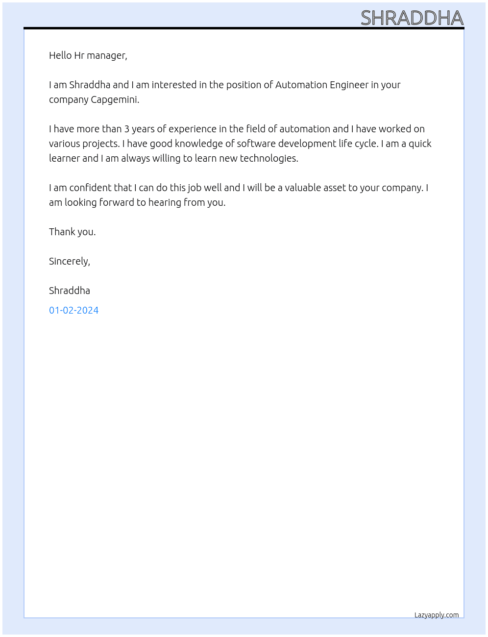 Automation Engineer At Capgemini Cover Letter