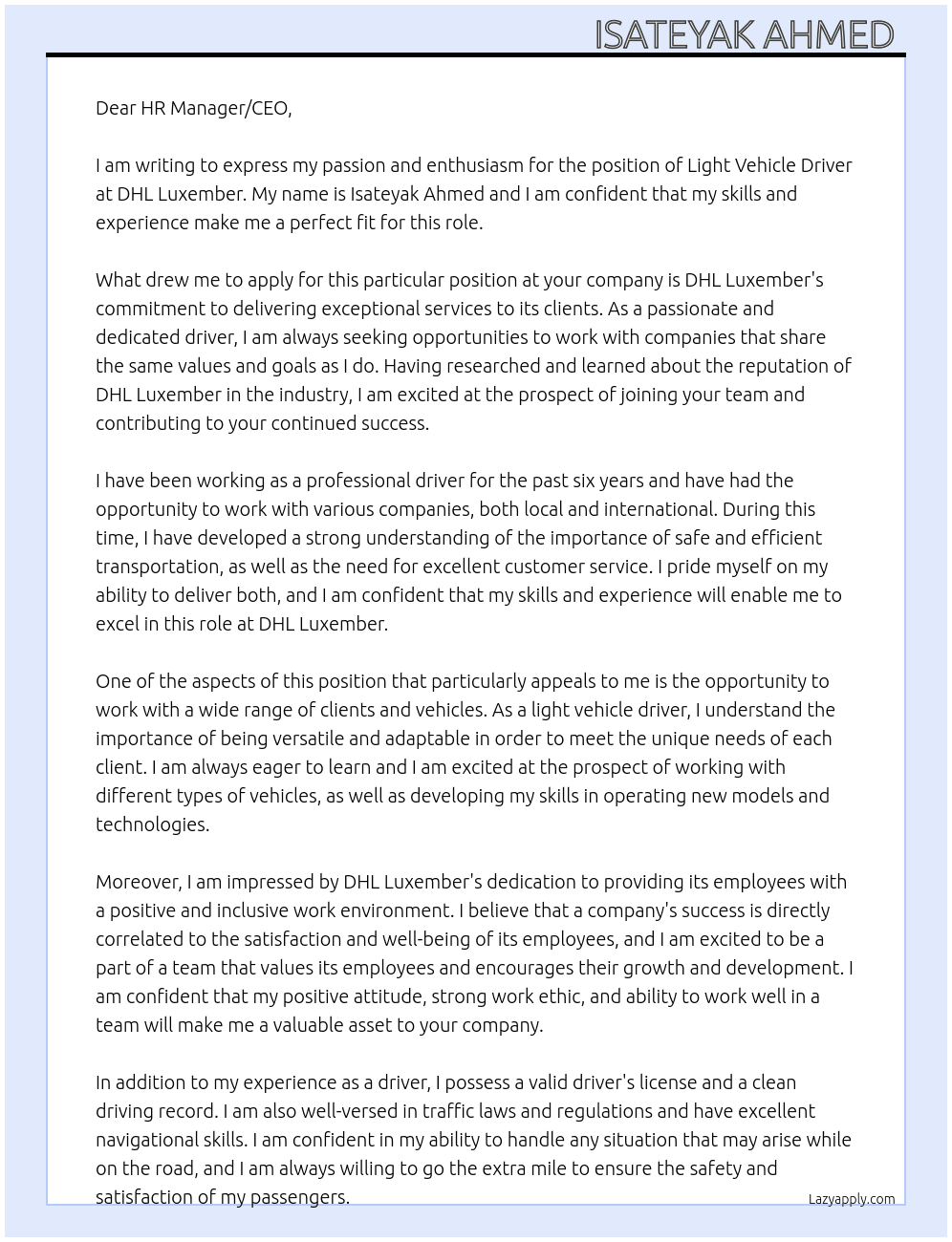 Light vehicle driver At Dhl luxember Cover Letter