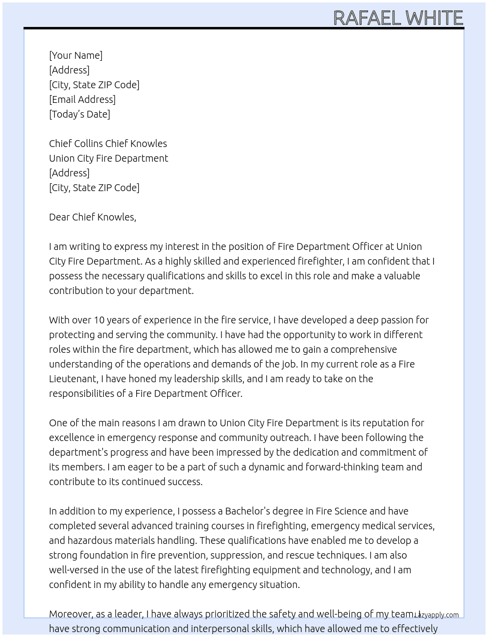 fire department officer At union City Fire department Cover Letter
