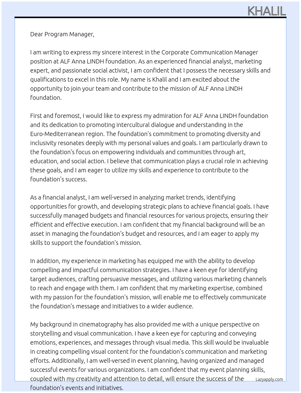 Corporate communication manager At ALF Anna LINDH foundation  Cover Letter