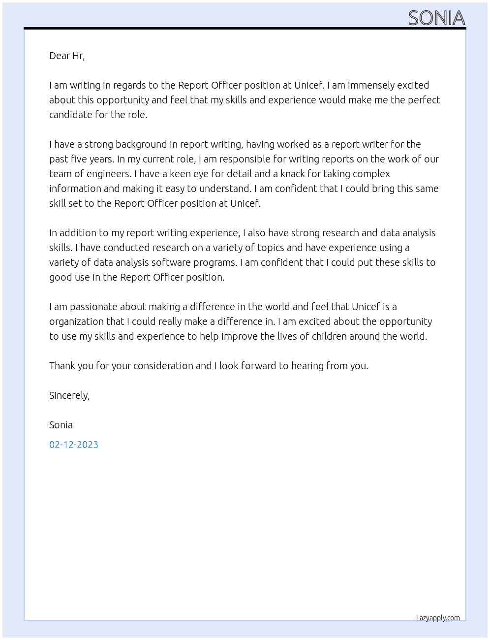 Cover letter for report officer - LazyApply